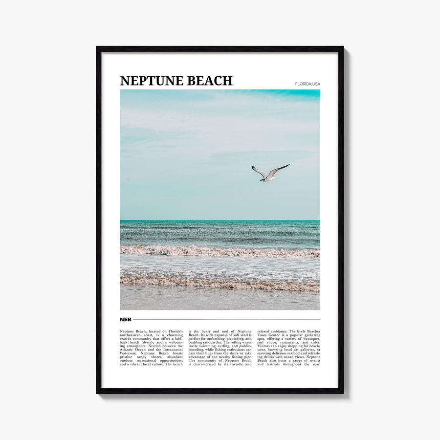 Neptune Beach colorful travel poster of Florida, USA – vertical wall art, unframed print shown in interior mockup