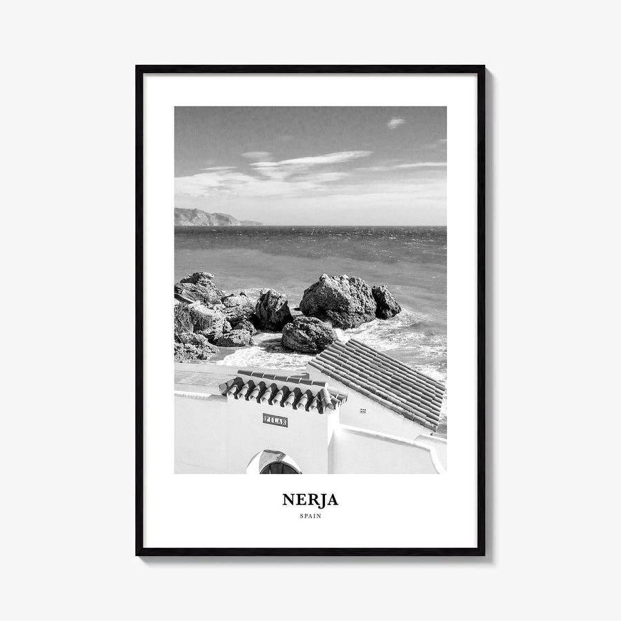 Nerja black & white classic poster of Spain – vertical wall art, unframed print shown in interior mockup