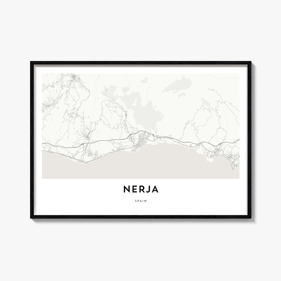 Nerja black & white map poster of Spain – horizontal wall art, unframed print shown in interior mockup