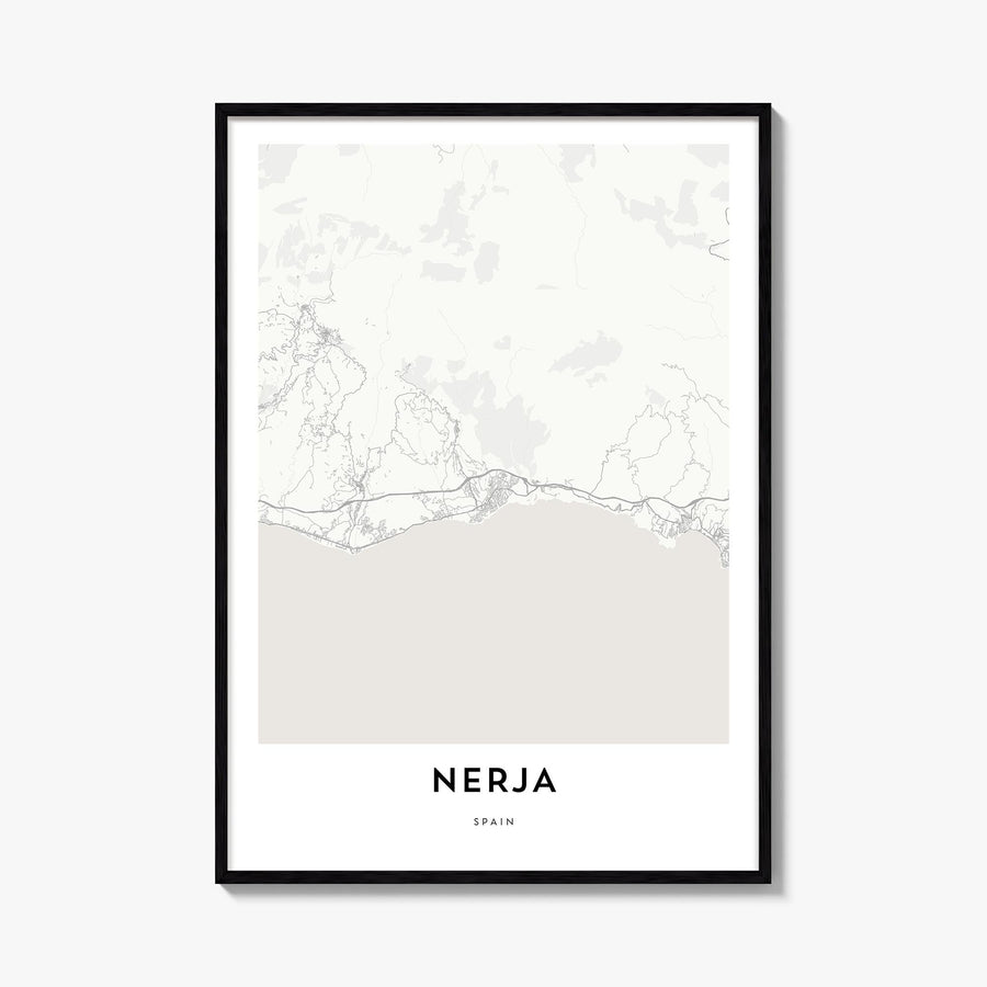 Nerja black & white map poster of Spain – vertical wall art, unframed print shown in interior mockup