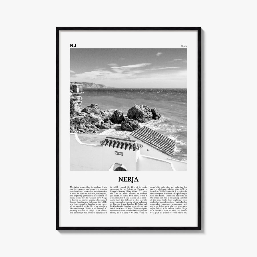 Nerja black & white newspaper poster of Spain – vertical wall art, unframed print shown in interior mockup