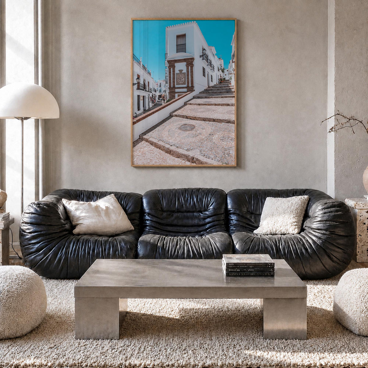 Nerja colorful photo poster of Spain – vertical wall art in natural wood frame, hanging on wall