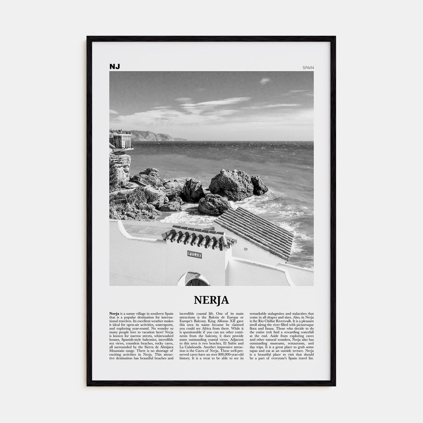 Nerja Poster Black Wood / 8x12 in Nbourhood Travel B&W Poster