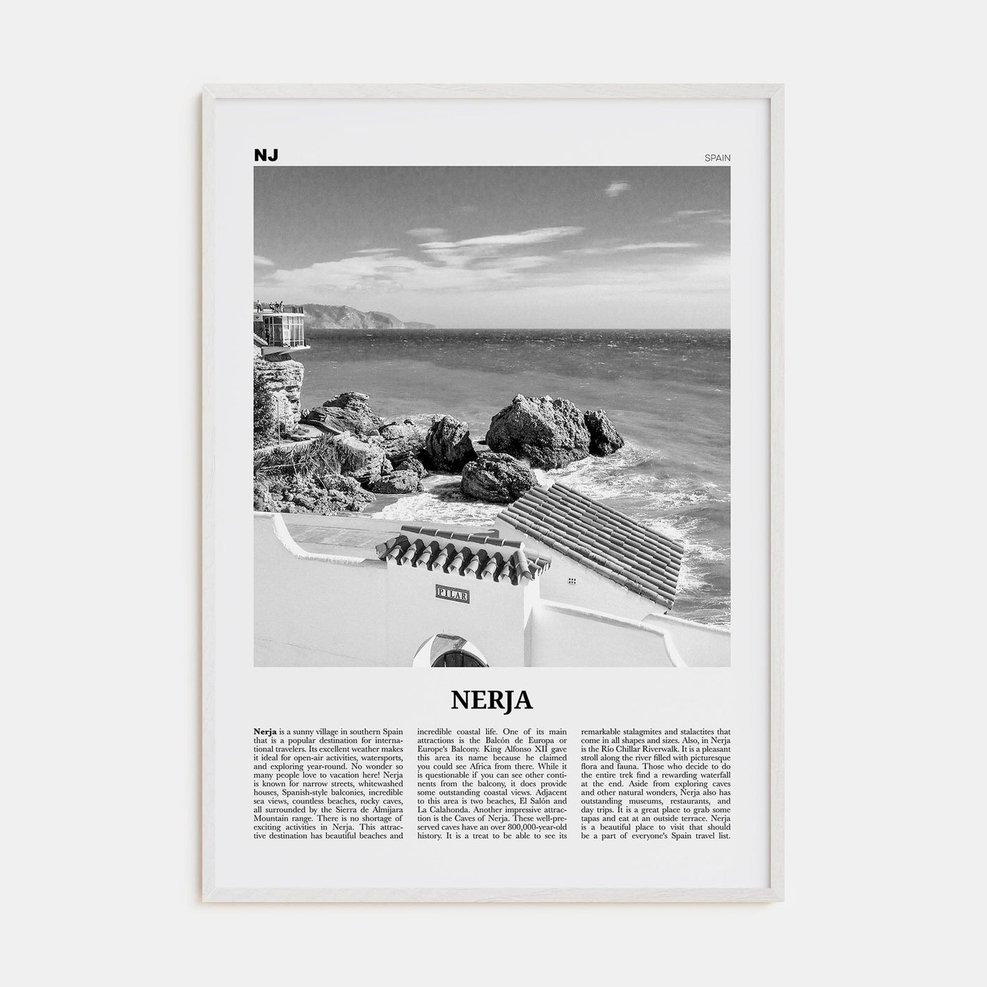 Nerja Poster White Wood / 8x12 in Nbourhood Travel B&W Poster