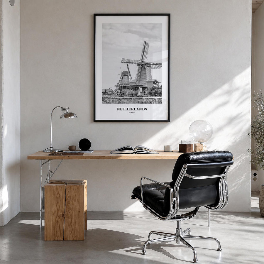Netherlands black & white classic poster of Europe – vertical wall art in black wood frame, hanging on wall