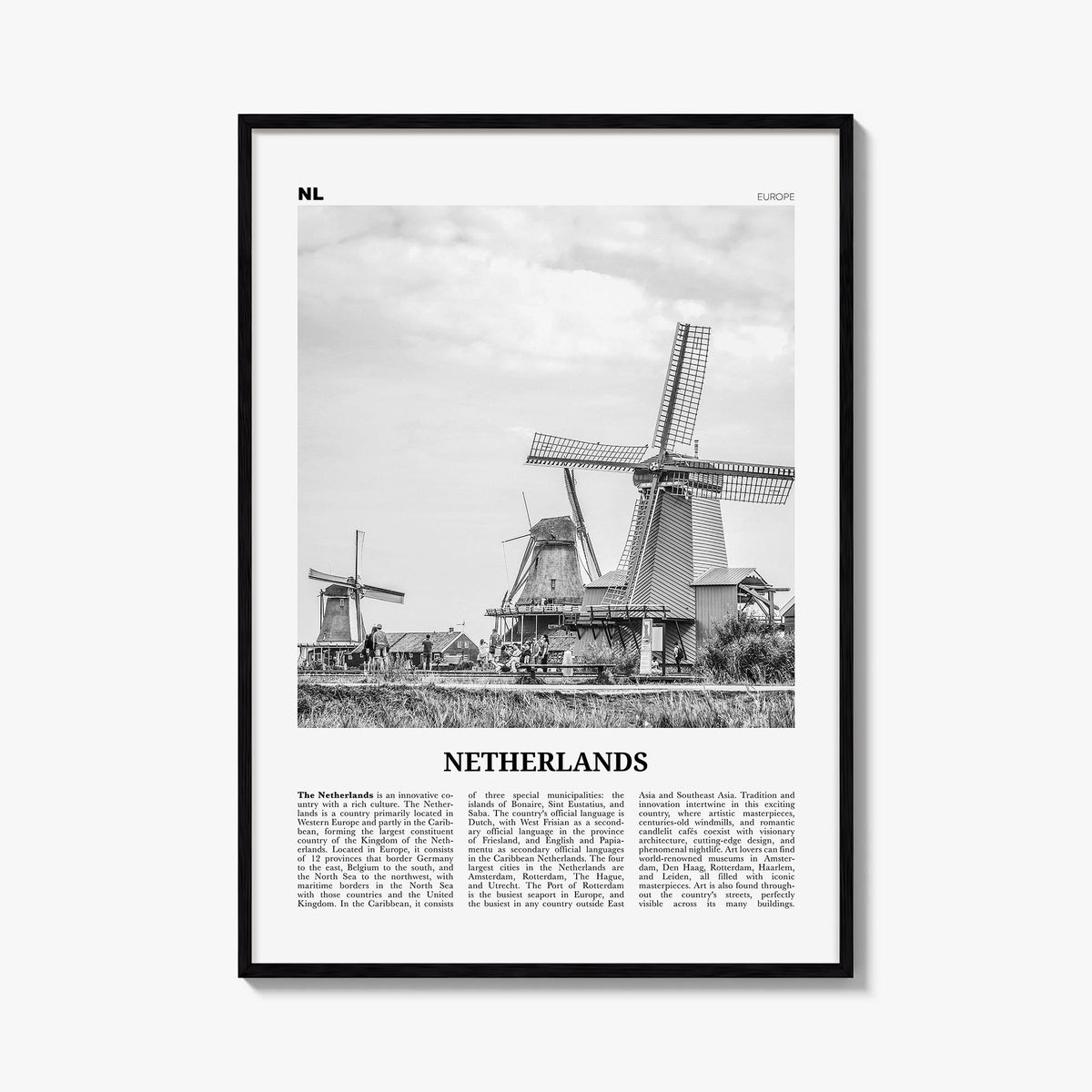 Netherlands black & white newspaper poster of Europe – vertical wall art, unframed print shown in interior mockup