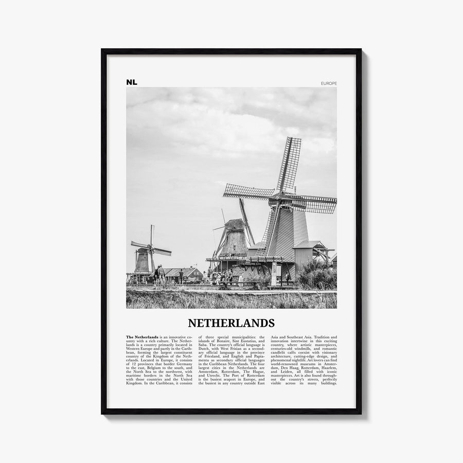 Netherlands black & white newspaper poster of Europe – vertical wall art, unframed print shown in interior mockup
