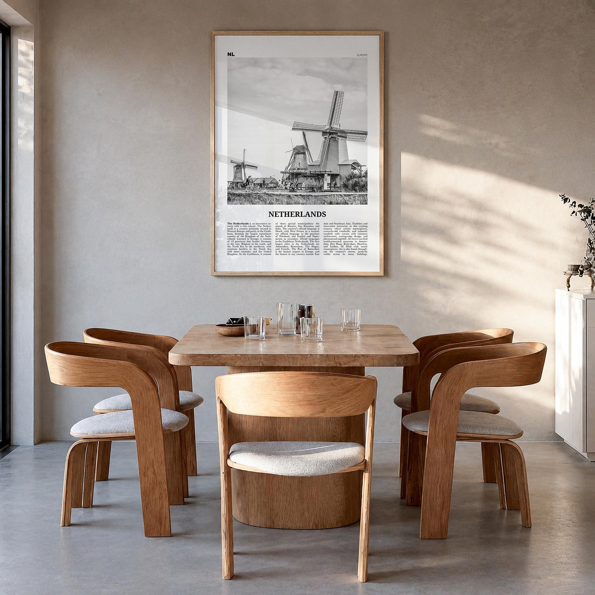 Netherlands black & white newspaper poster of Europe – vertical wall art in natural wood frame, hanging on wall