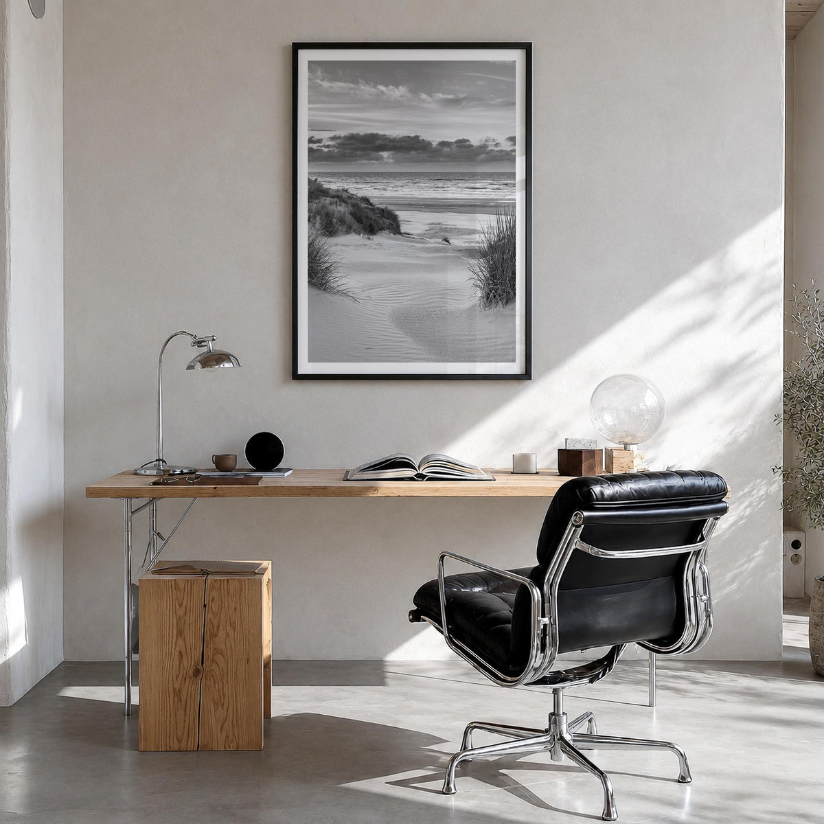 Netherlands black & white photo poster of Europe – vertical wall art in black wood frame with white border, hanging on wall
