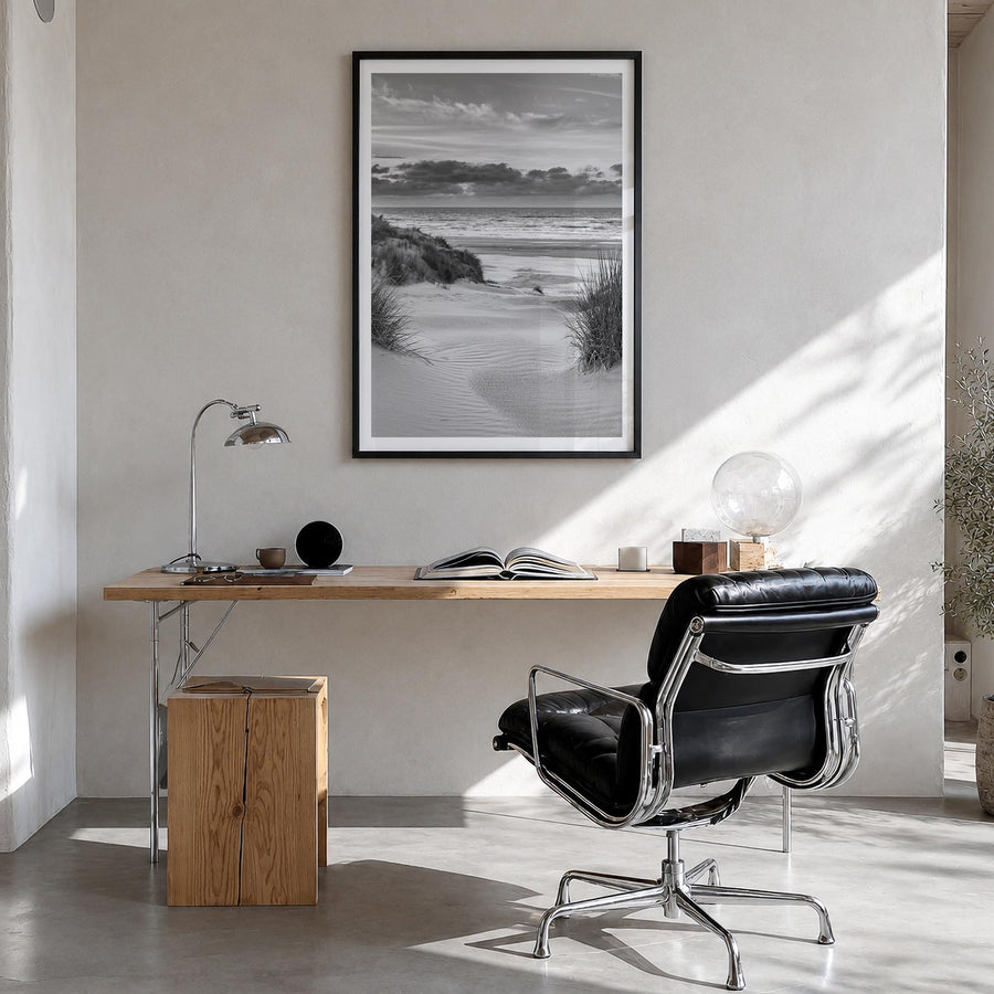 Netherlands black & white photo poster of Europe – vertical wall art in black wood frame with white border, hanging on wall