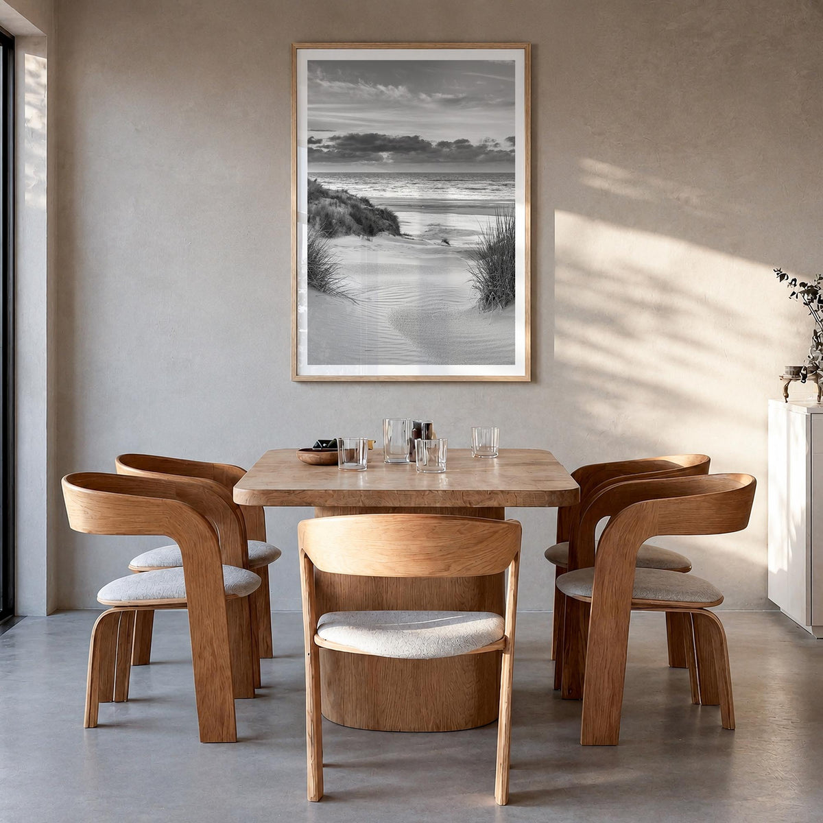 Netherlands black & white photo poster of Europe – vertical wall art in natural wood frame with white border, hanging on wall