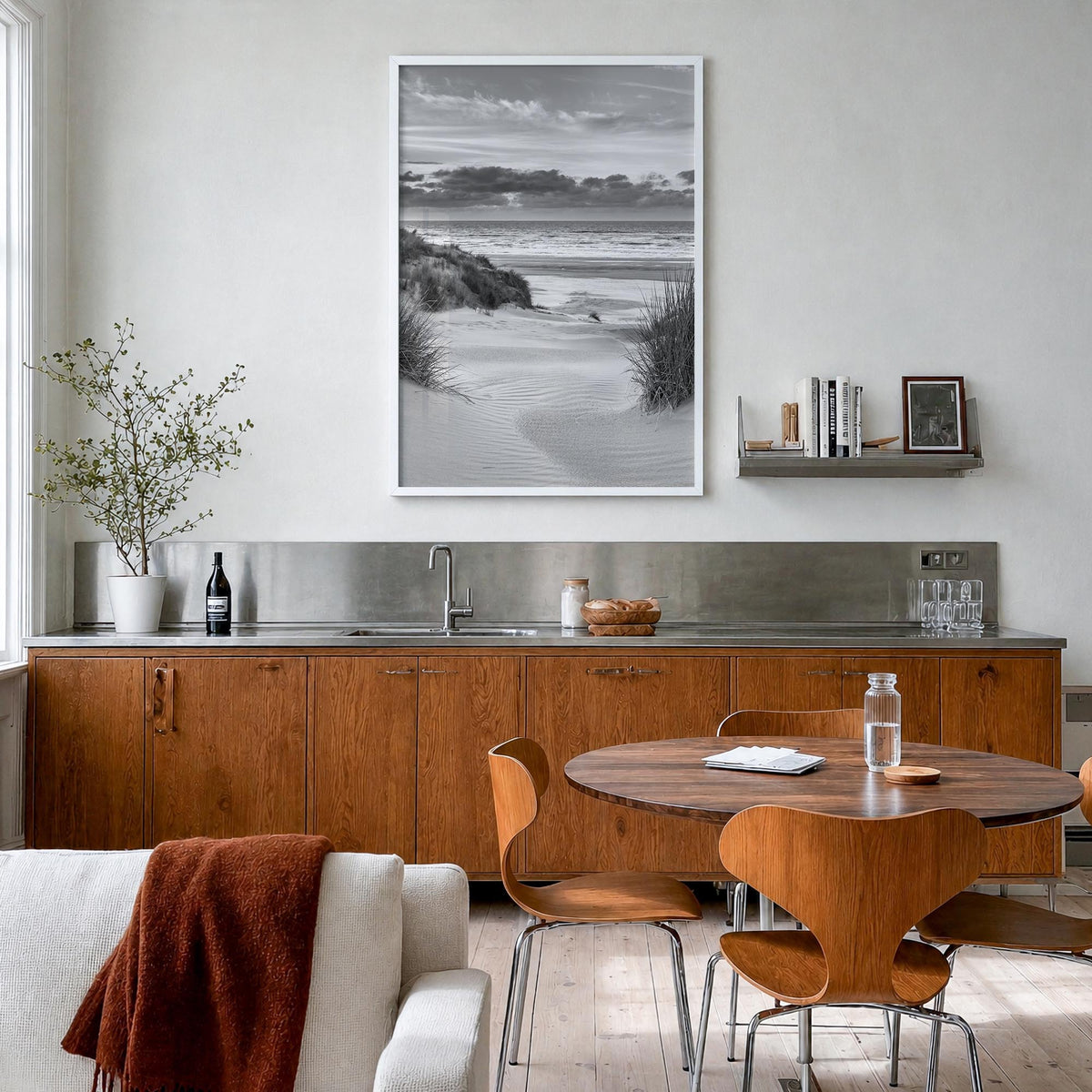 Netherlands black & white photo poster of Europe – vertical wall art in white wood frame, hanging on wall