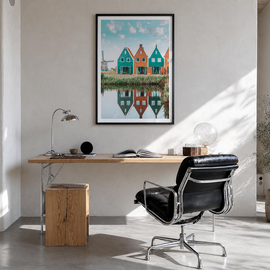 Netherlands colorful photo poster of Europe – vertical wall art in black wood frame with white border, hanging on wall