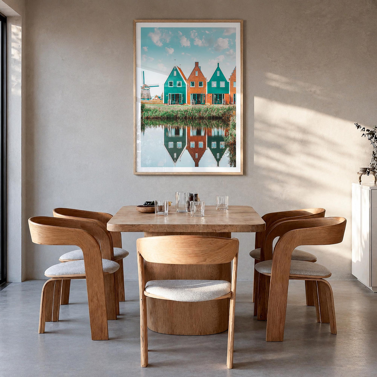 Netherlands colorful photo poster of Europe – vertical wall art in natural wood frame with white border, hanging on wall