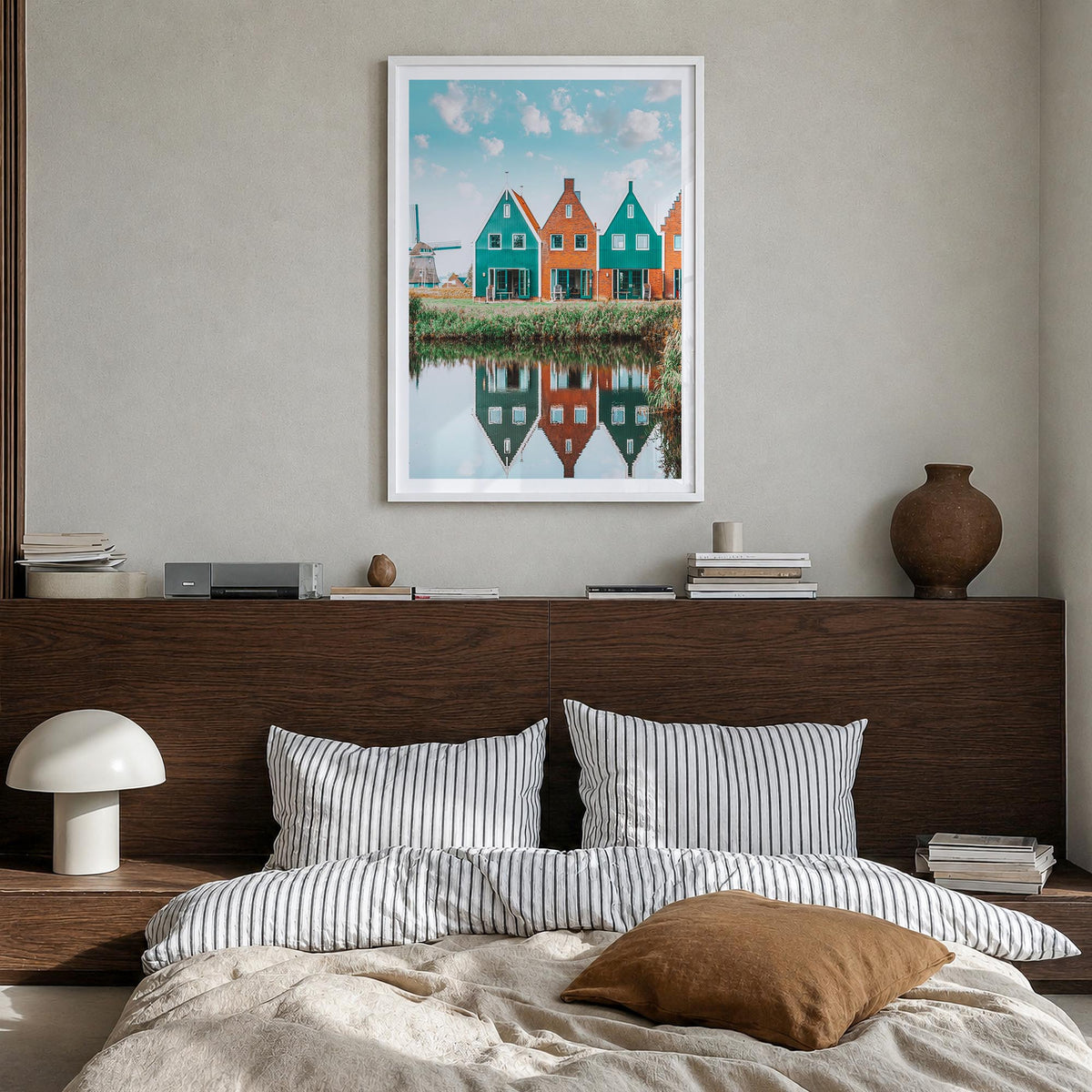 Netherlands colorful photo poster of Europe – vertical wall art in white wood frame with white border, hanging on wall