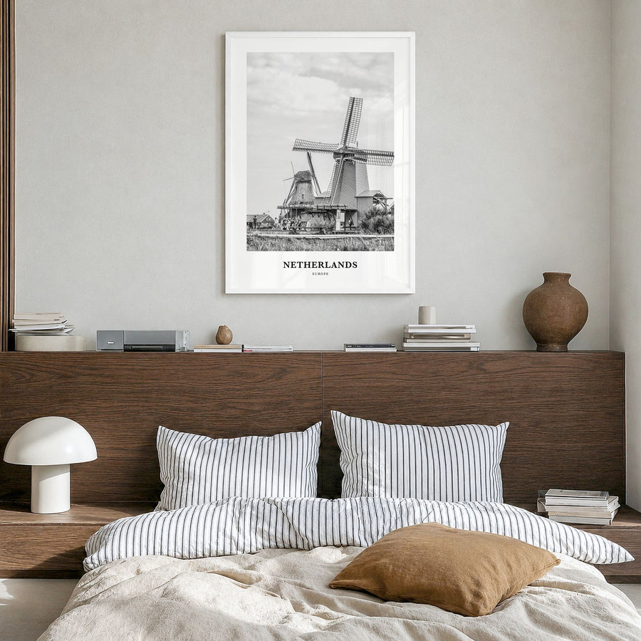 Netherlands Classic Poster in a white wood frame, hanging in a bedroom