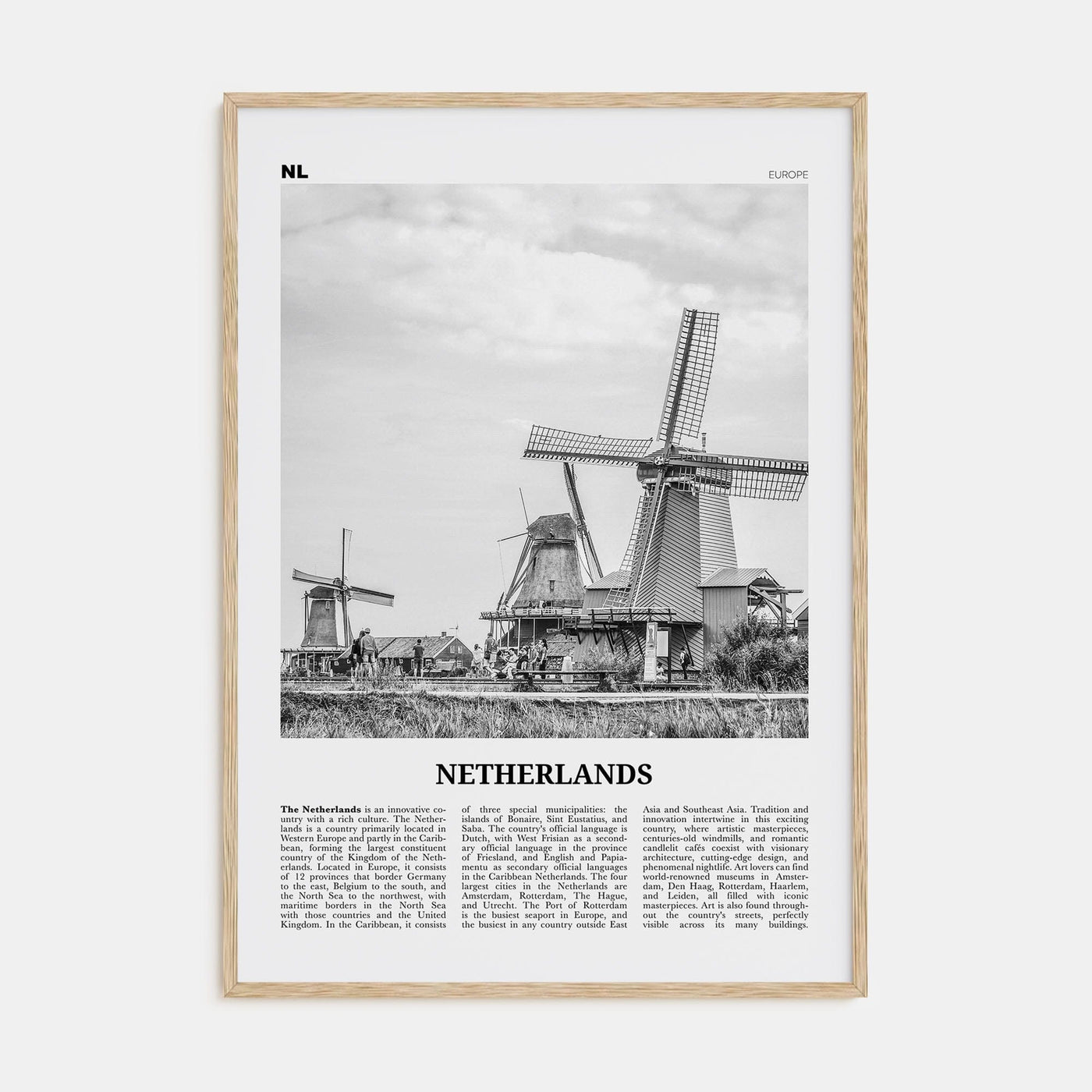 Netherlands Poster Natural Wood / 8x12 in Nbourhood Travel B&W Poster