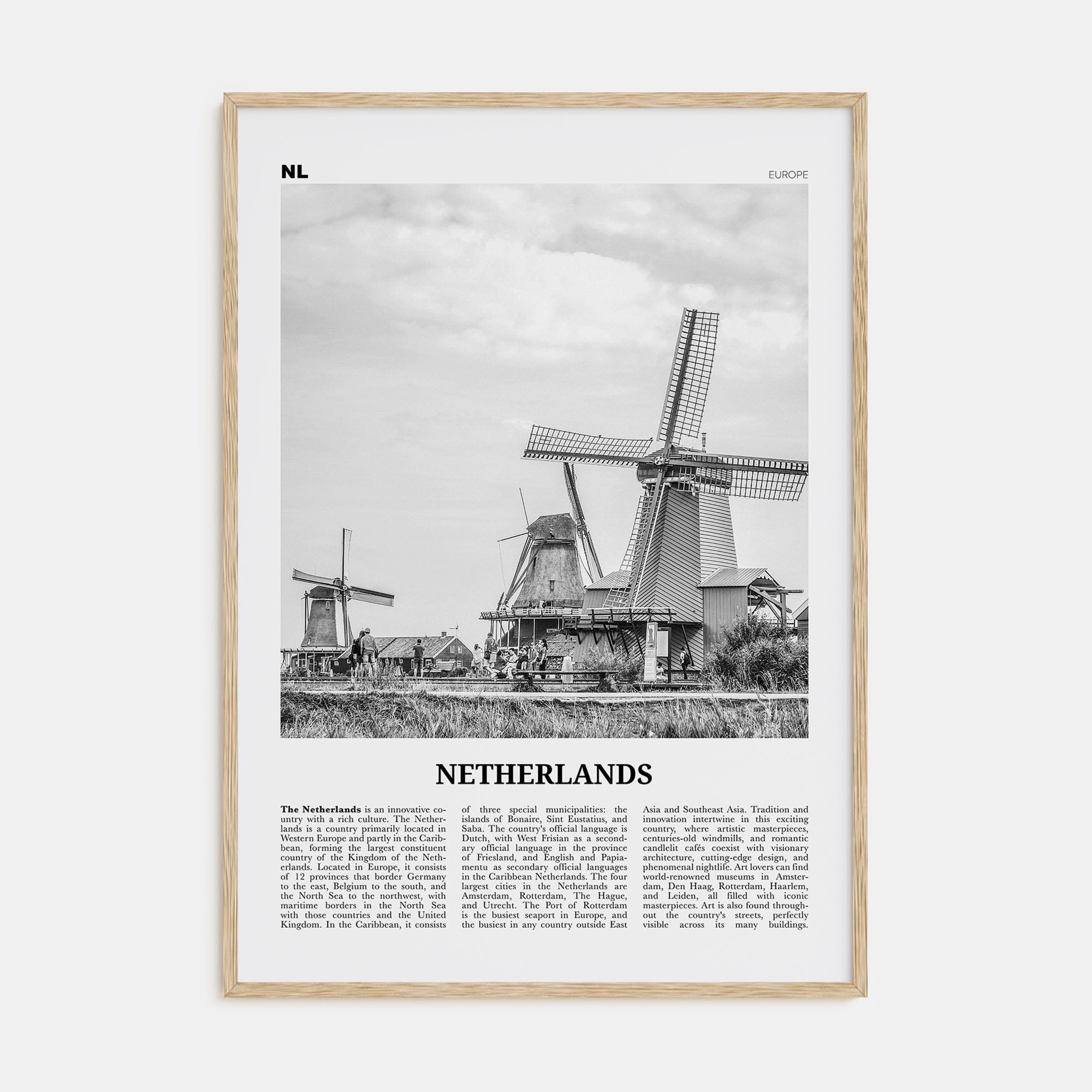 Netherlands Poster Natural Wood / 8x12 in Nbourhood Travel B&W Poster