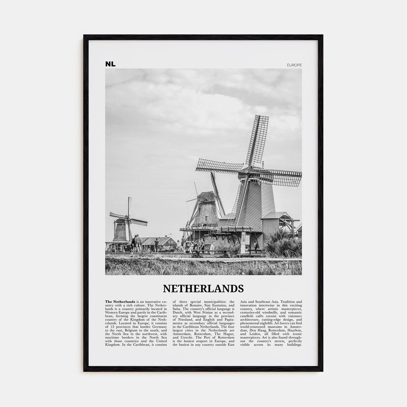 Netherlands Poster Black Wood / 8x12 in Nbourhood Travel B&W Poster