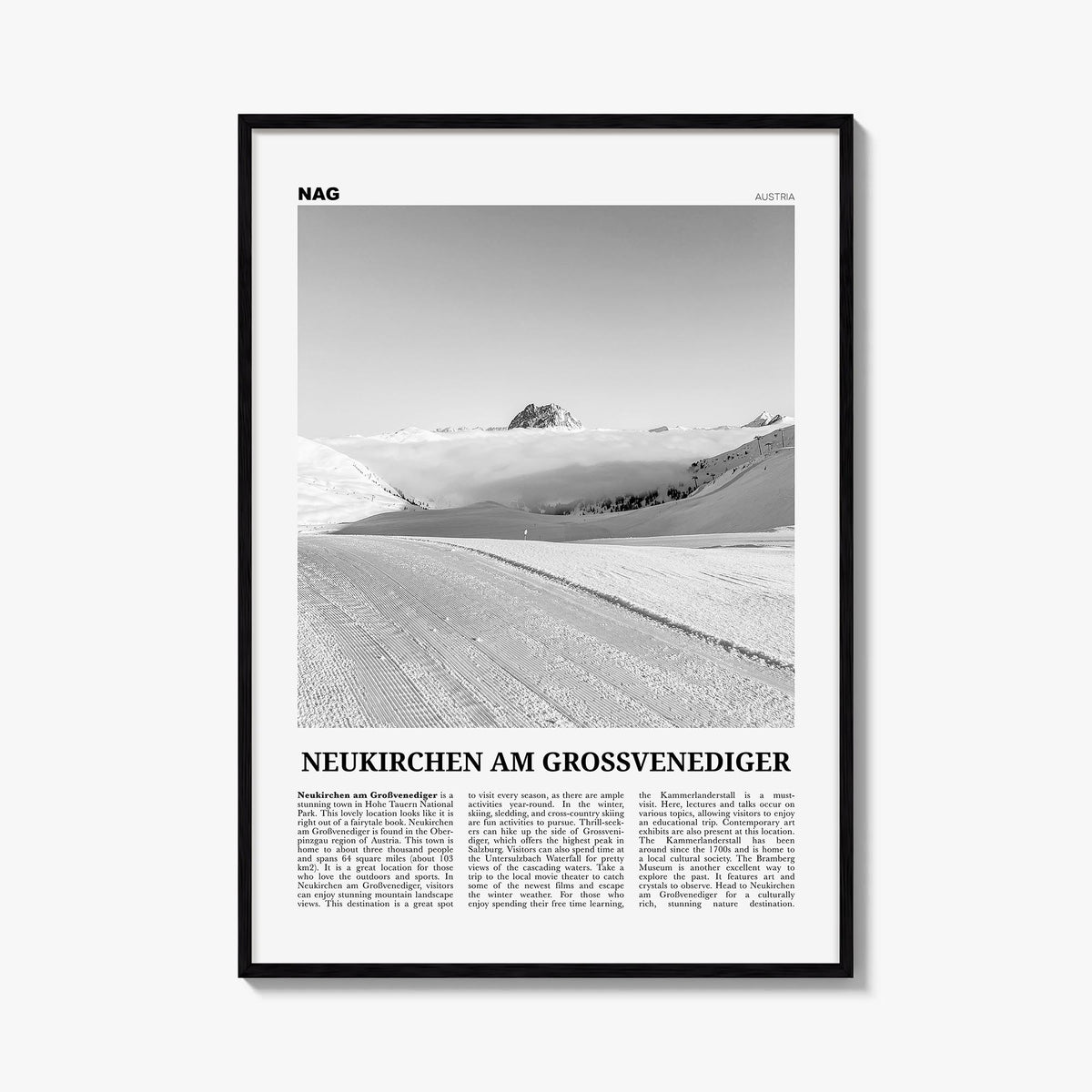 Neukirchen am Großvenediger black & white newspaper poster of Austria – vertical wall art, unframed print shown in interior m