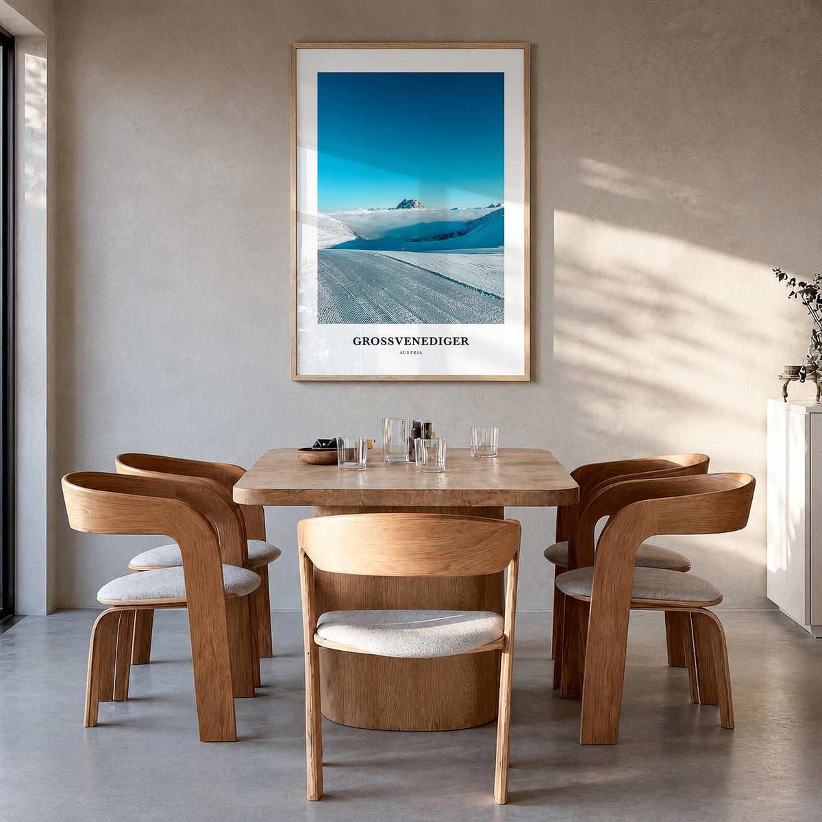 Neukirchen am Großvenediger colorful classic poster of Austria – vertical wall art in natural wood frame, hanging on wall