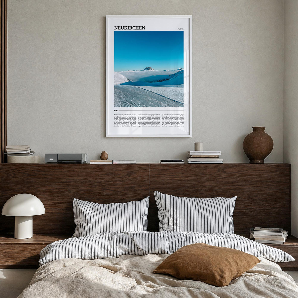 Neukirchen am Großvenediger colorful travel poster of Austria – vertical wall art in white wood frame, hanging on wall