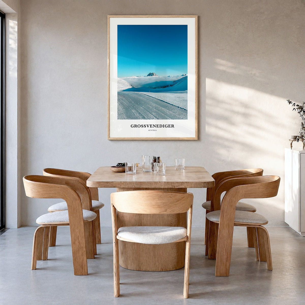 Grossvenediger Classic Poster in a natural wood frame, hanging in a dining room