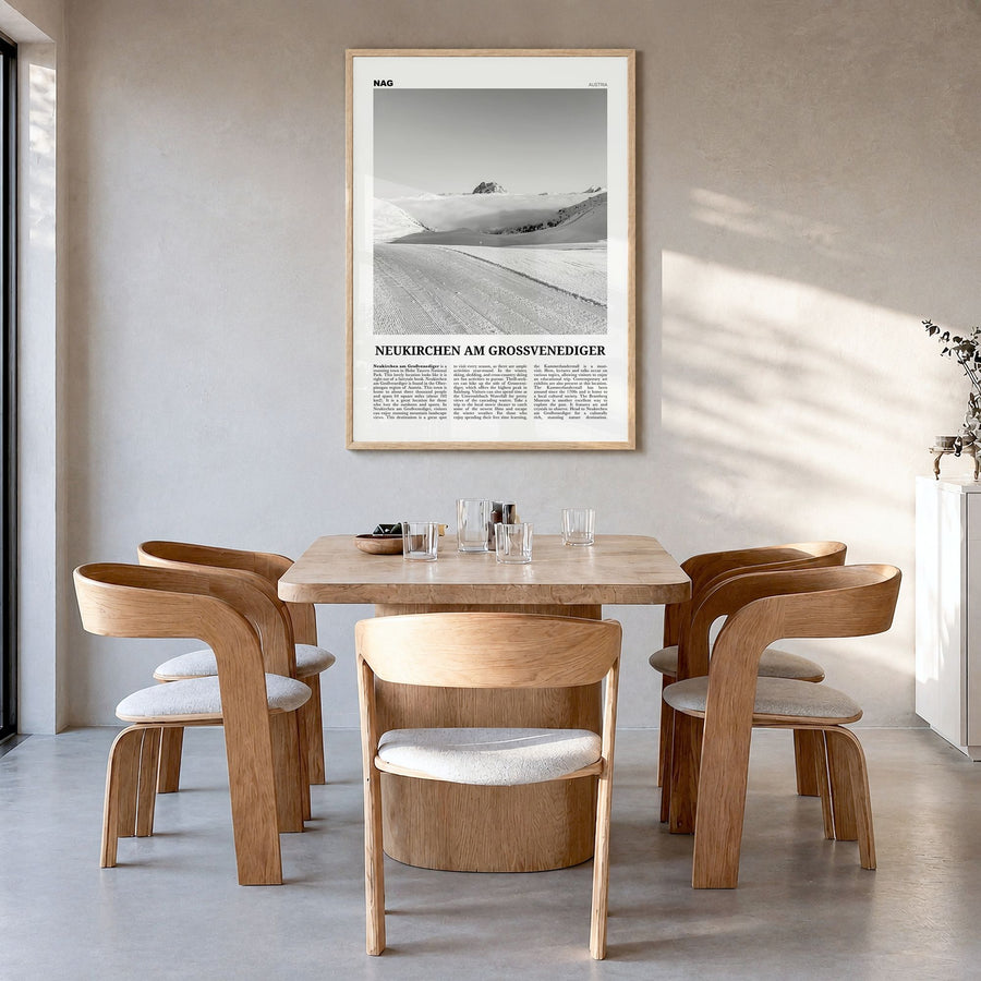 Neukirchen am Großvenediger Newspaper Poster in a natural wood frame, hanging in a dining room