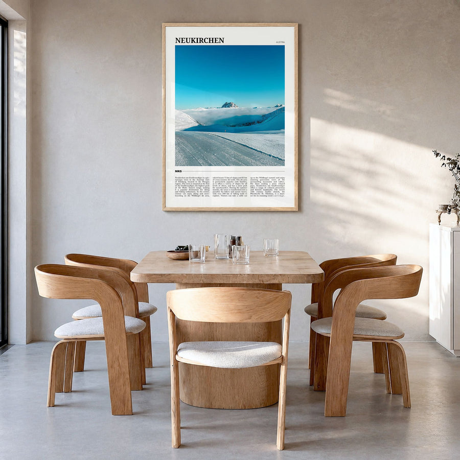 Neukirchen am Großvenediger Travel Poster in a natural wood frame, hanging in a dining room