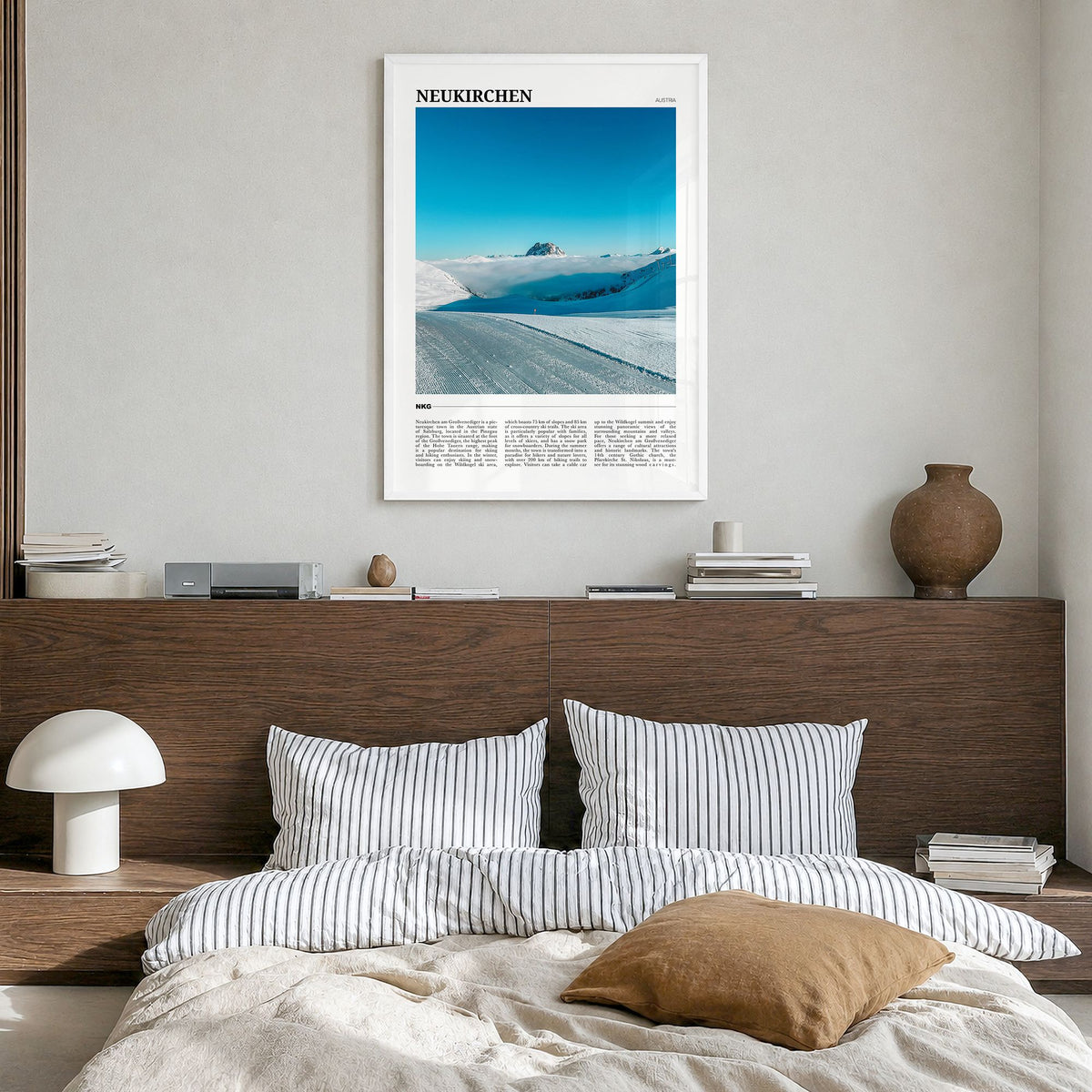 Neukirchen am Großvenediger Travel Poster in a white wood frame, hanging in a bedroom