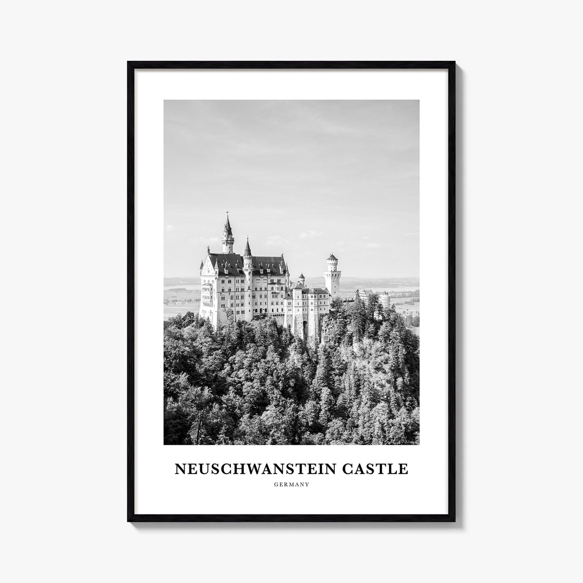 Neuschwanstein Castle black & white classic poster of Germany – vertical wall art, unframed print shown in interior mockup
