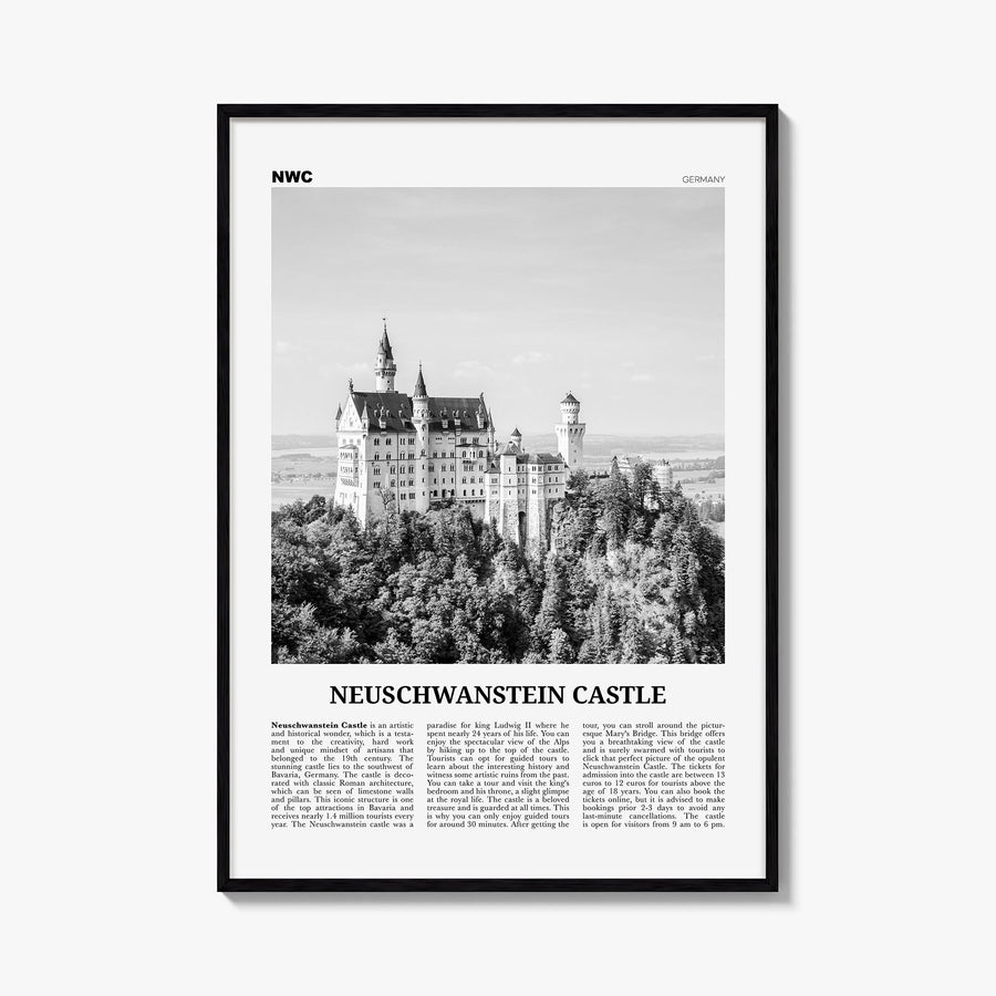 Neuschwanstein Castle black & white newspaper poster of Germany – vertical wall art, unframed print shown in interior mockup