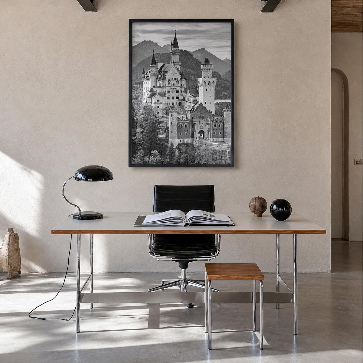 Neuschwanstein Castle black & white photo poster of Germany – vertical wall art in black wood frame, hanging on wall