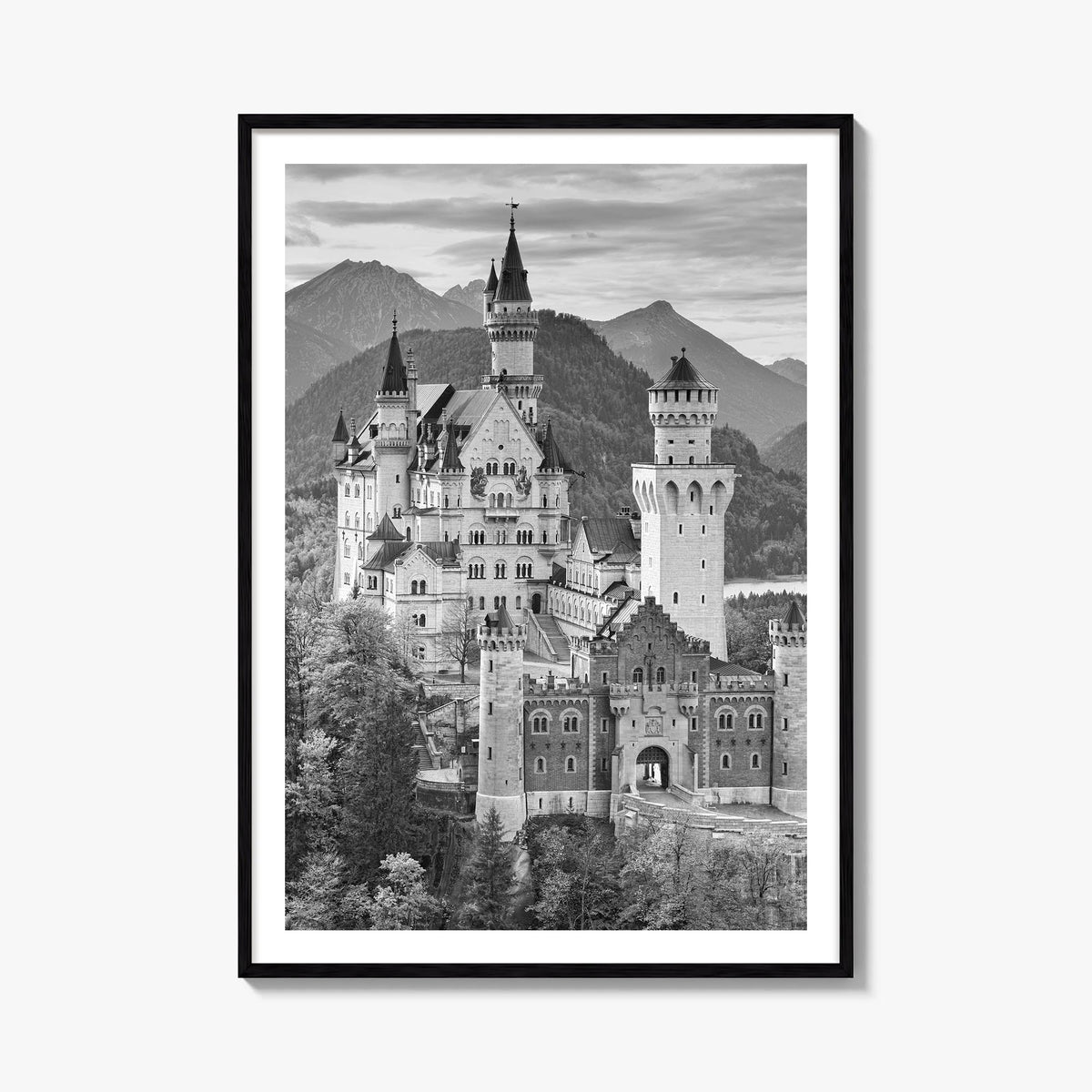 Neuschwanstein Castle black & white photo poster of Germany – vertical wall art, unframed print shown in interior mockup