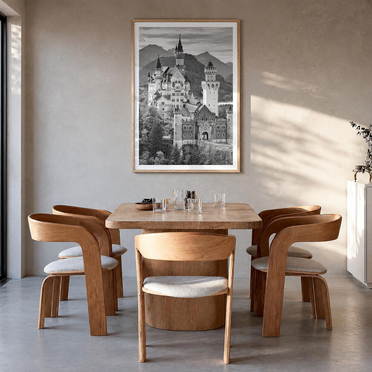 Neuschwanstein Castle black & white photo poster of Germany – vertical wall art in natural wood frame with white border, hang