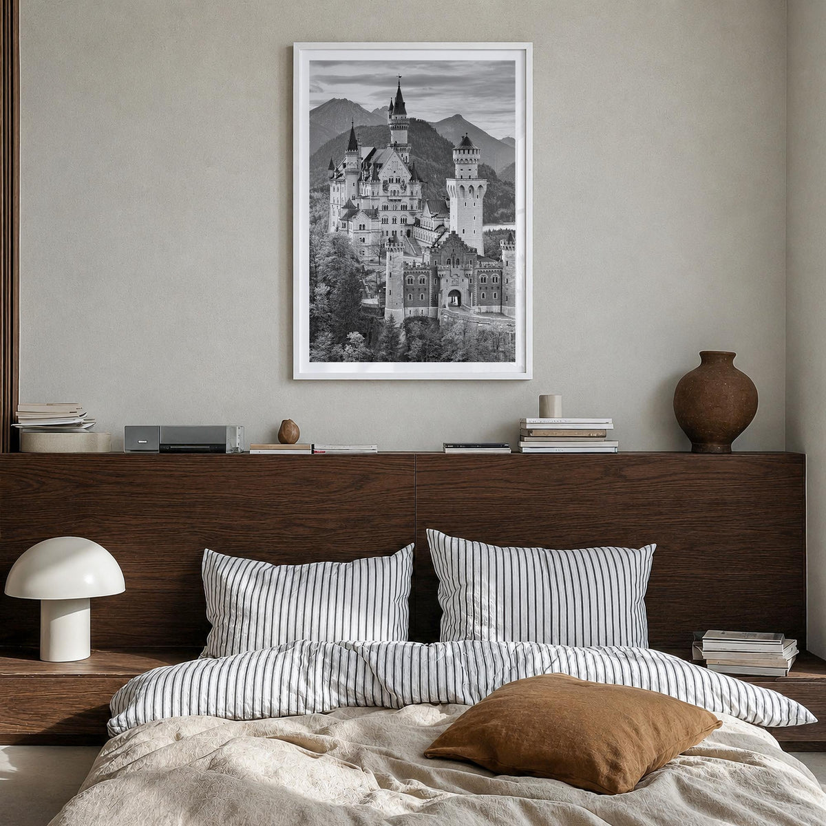 Neuschwanstein Castle black & white photo poster of Germany – vertical wall art in white wood frame with white border, hangin