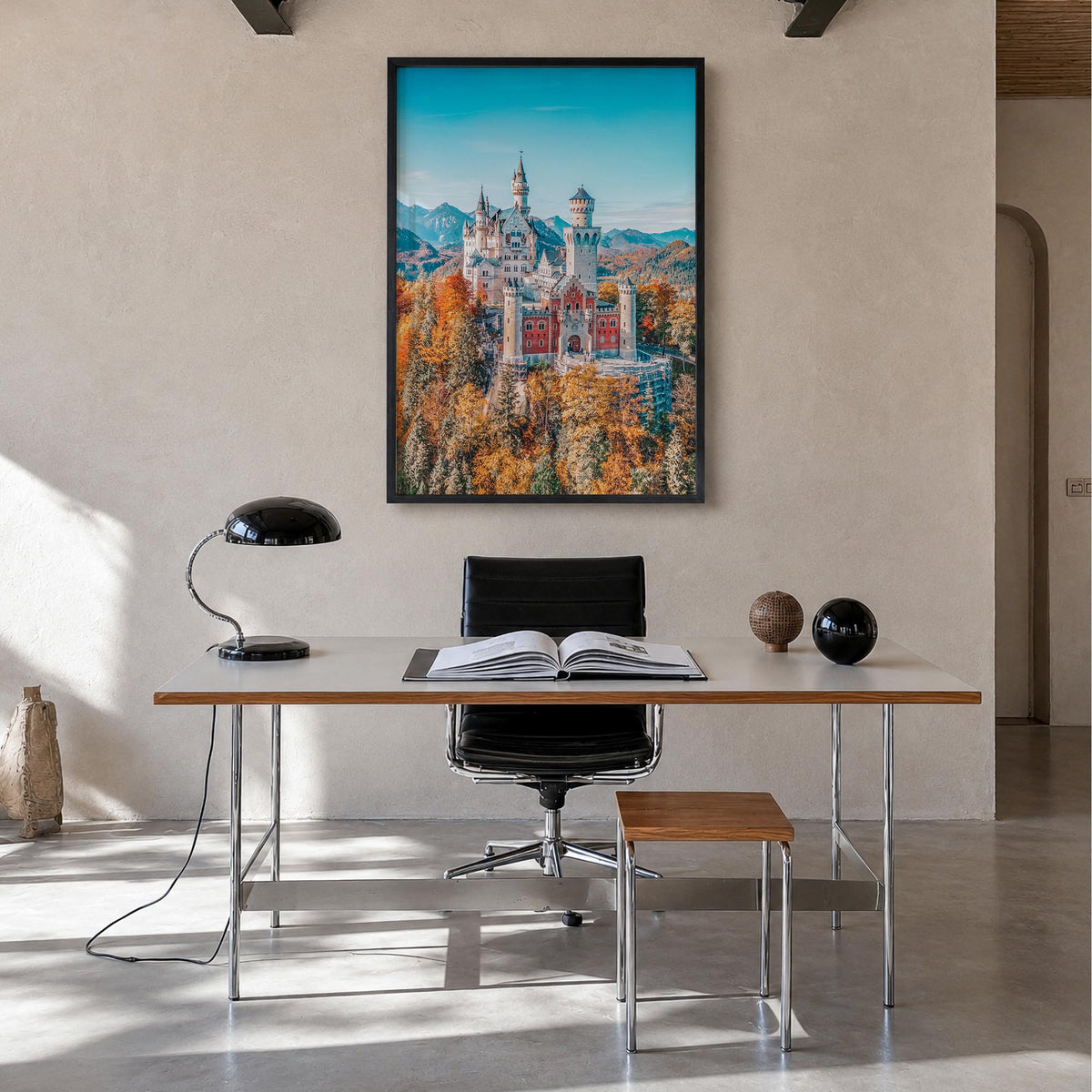Neuschwanstein Castle colorful photo poster of Germany – vertical wall art in black wood frame, hanging on wall