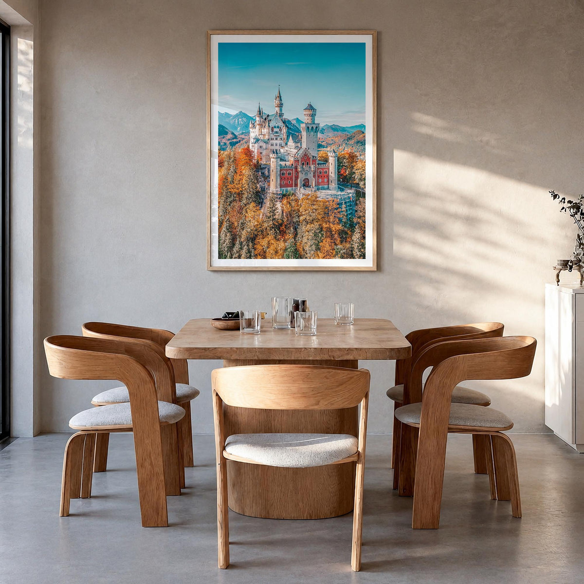 Neuschwanstein Castle colorful photo poster of Germany – vertical wall art in natural wood frame with white border, hanging o