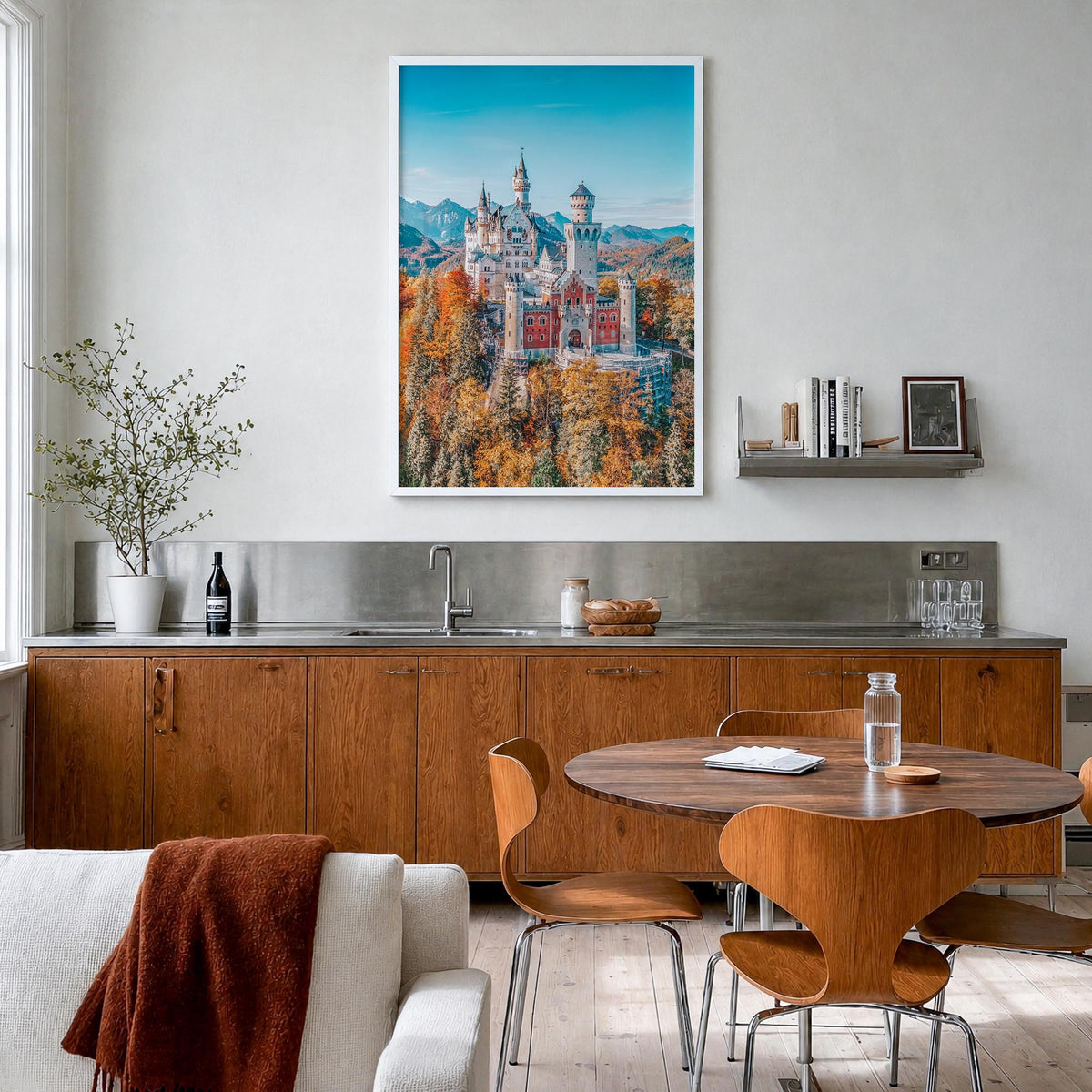 Neuschwanstein Castle colorful photo poster of Germany – vertical wall art in white wood frame, hanging on wall