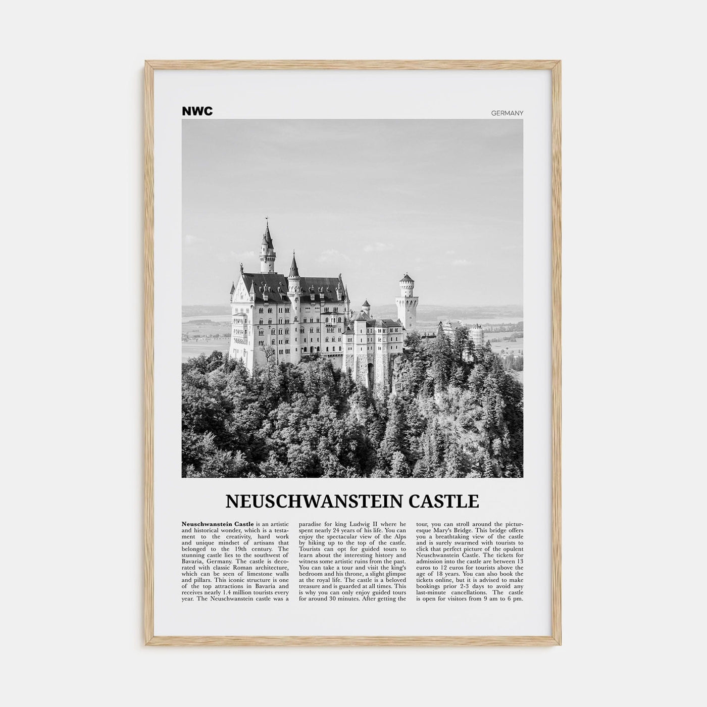 Neuschwanstein Castle Poster Natural Wood / 8x12 in Nbourhood Travel B&W Poster