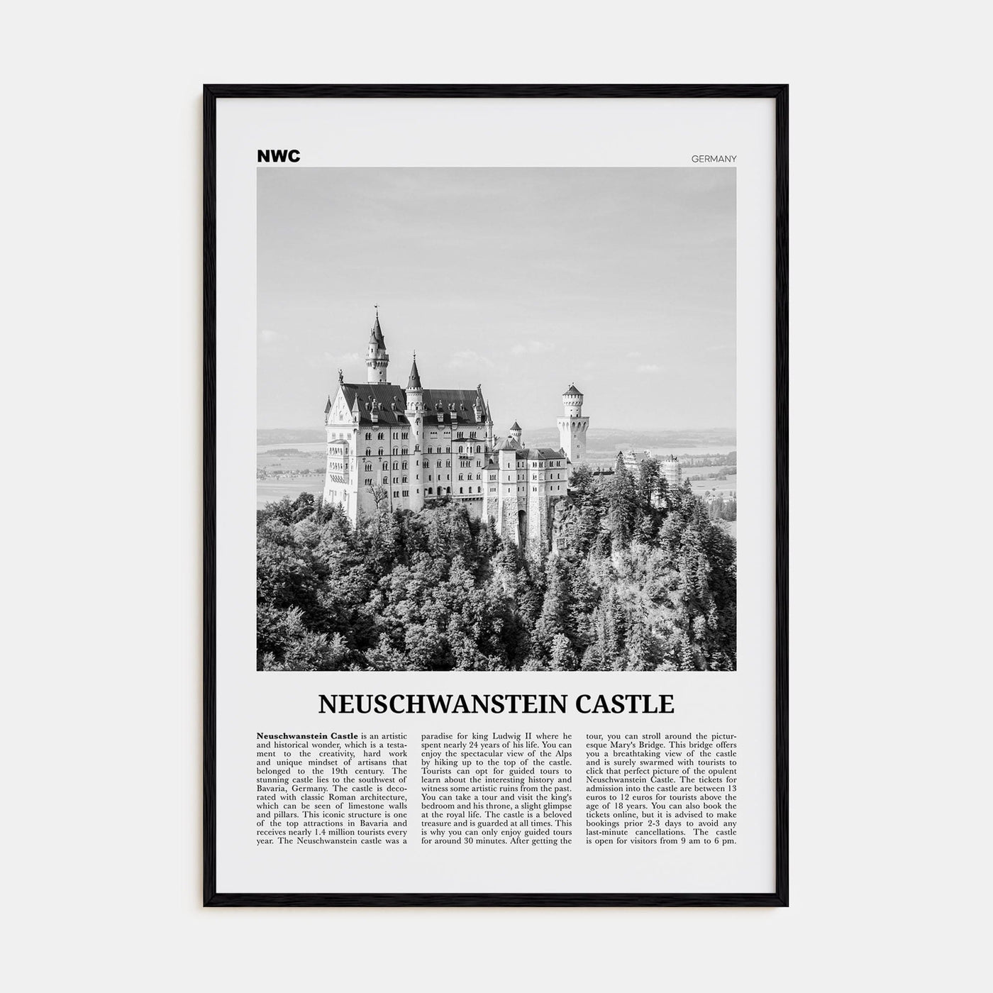 Neuschwanstein Castle Poster Black Wood / 8x12 in Nbourhood Travel B&W Poster