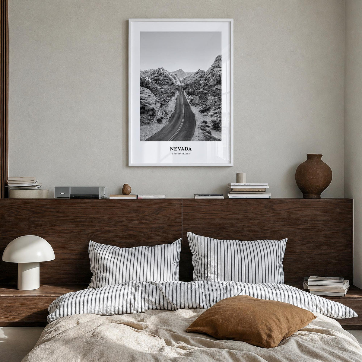 Nevada black & white classic poster of United States – vertical wall art in white wood frame, hanging on wall