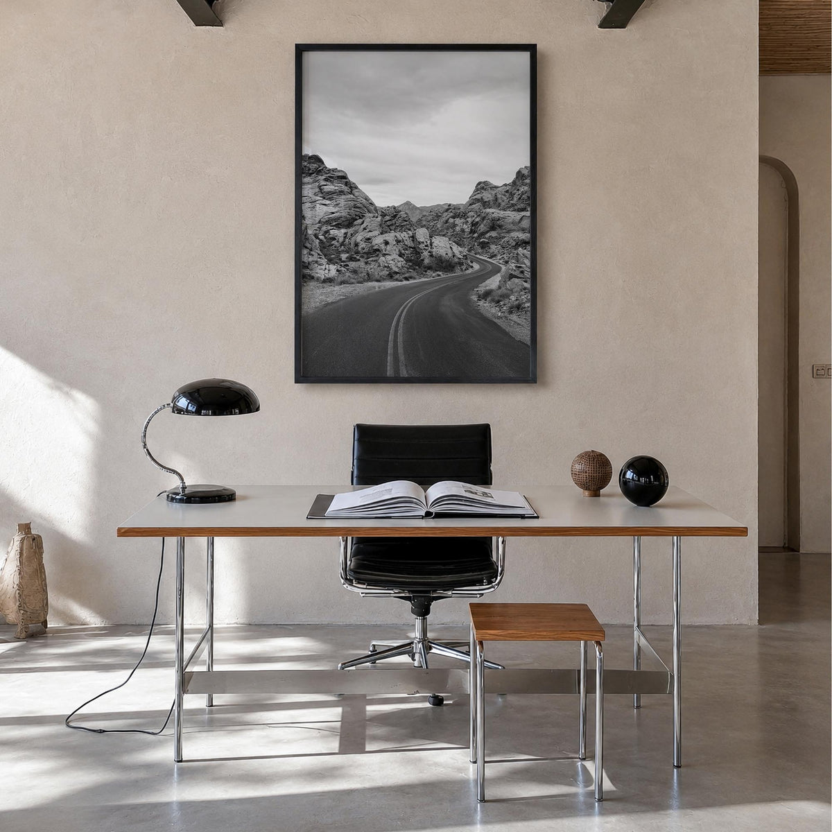 Nevada black & white photo poster of United States – vertical wall art in black wood frame, hanging on wall