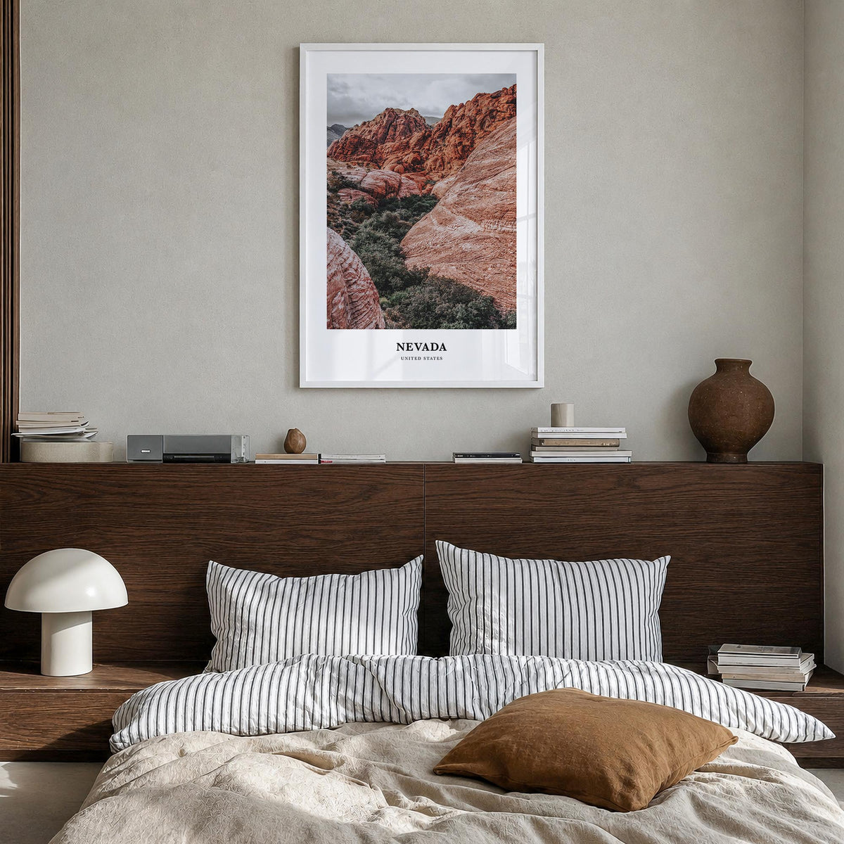 Nevada colorful classic poster of United States – vertical wall art in white wood frame, hanging on wall