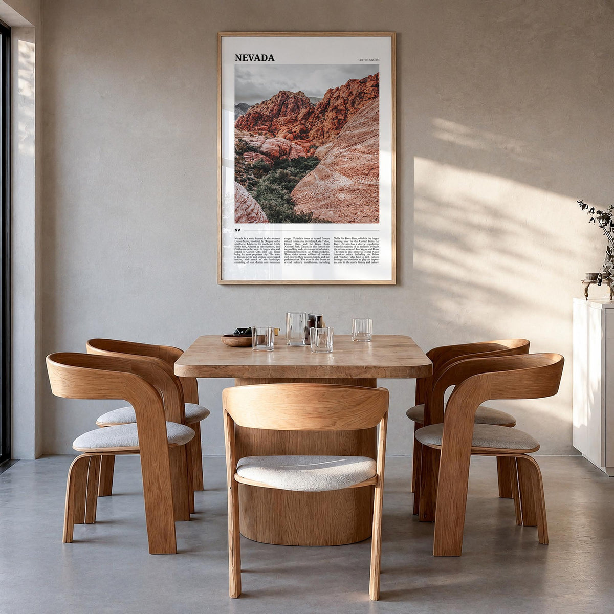 Nevada colorful travel poster of United States – vertical wall art in natural wood frame, hanging on wall