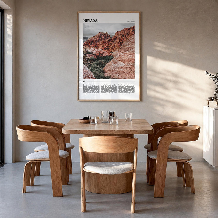 Nevada colorful travel poster of United States – vertical wall art in natural wood frame, hanging on wall