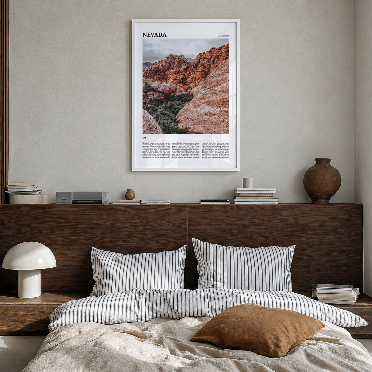 Nevada colorful travel poster of United States – vertical wall art in white wood frame, hanging on wall