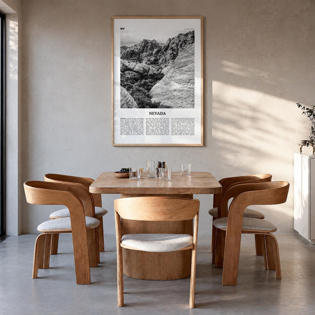 Nevada no. 2 black & white newspaper poster of United States – vertical wall art in natural wood frame, hanging on wall