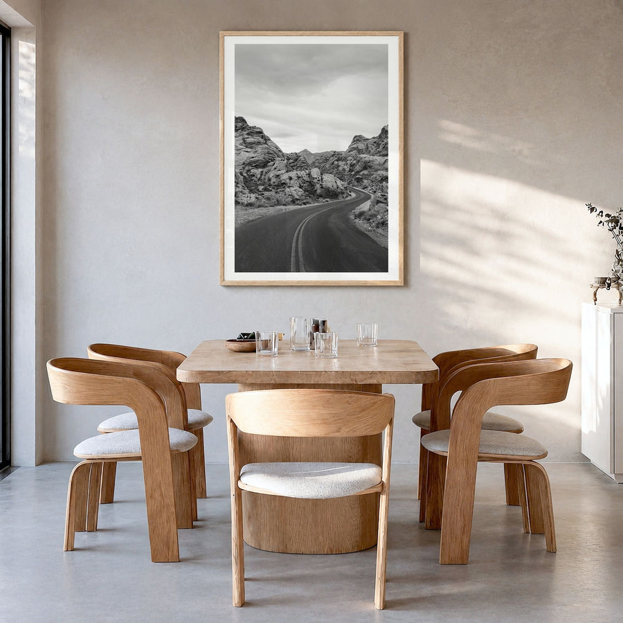 Nevada Photo Poster in a natural wood frame, hanging in a dining room, white border