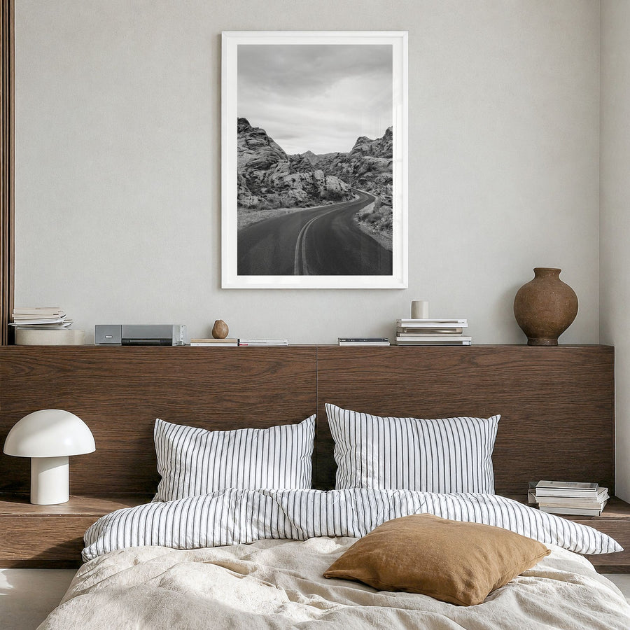 Nevada Photo Poster in a white wood frame, hanging in a bedroom, white border